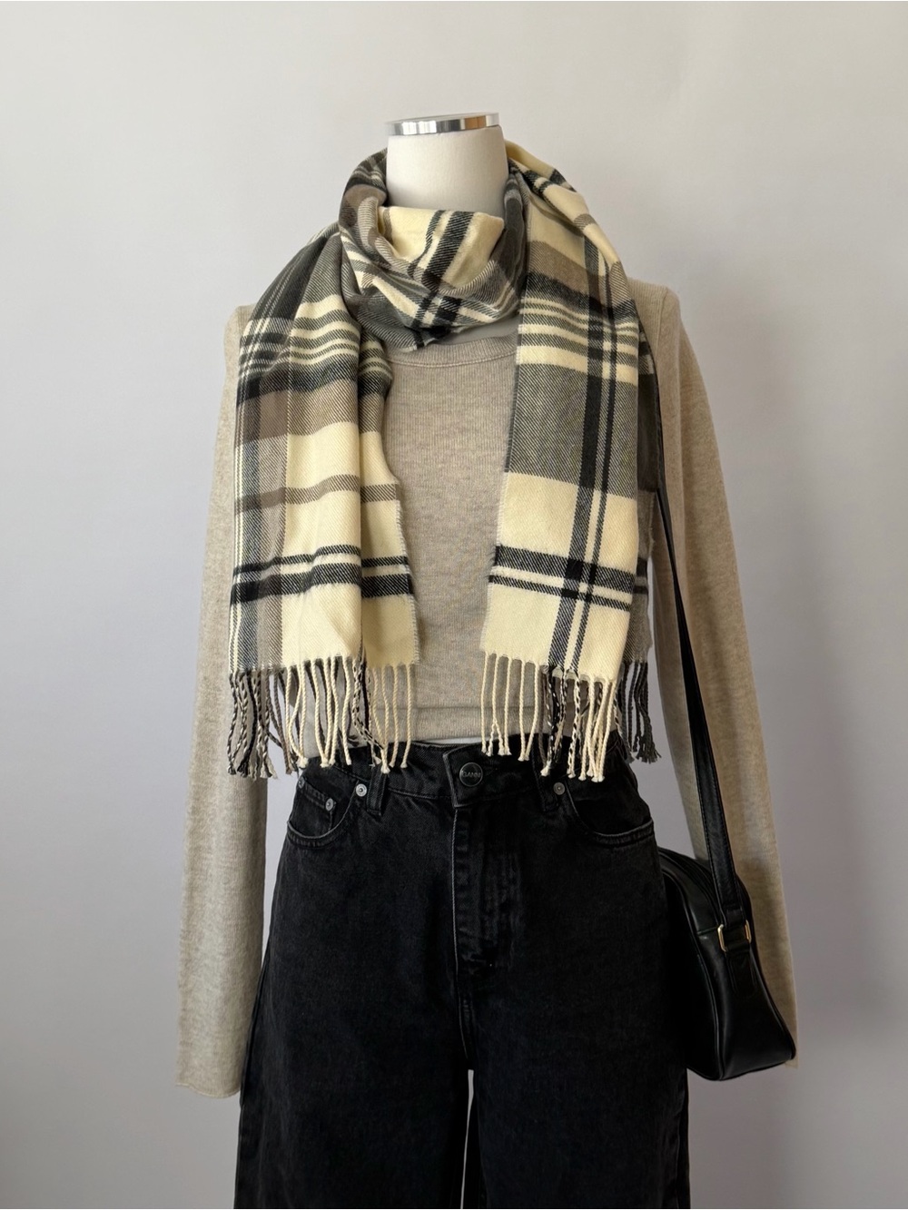 100% Cashmere Scarf Made in Scotland - Cream & Grey Plaid 64”x12.5”.
